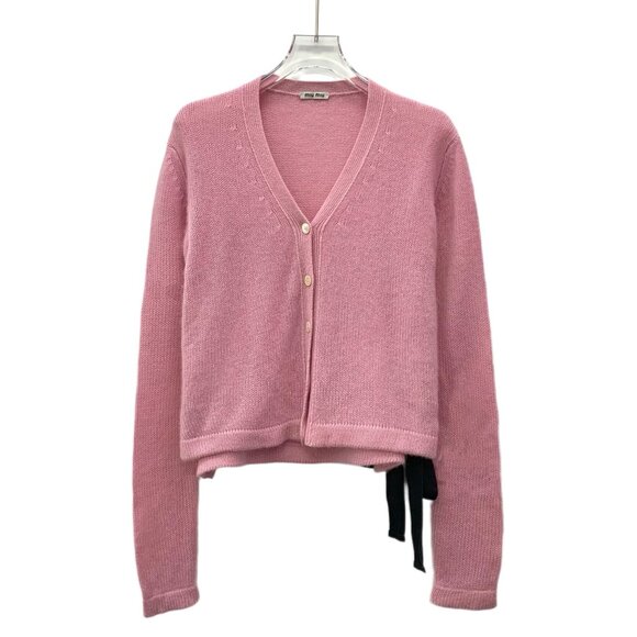 EW0111 MiuMiu pink cashmere V-neck single-breasted long-sleeved knitted cardigan